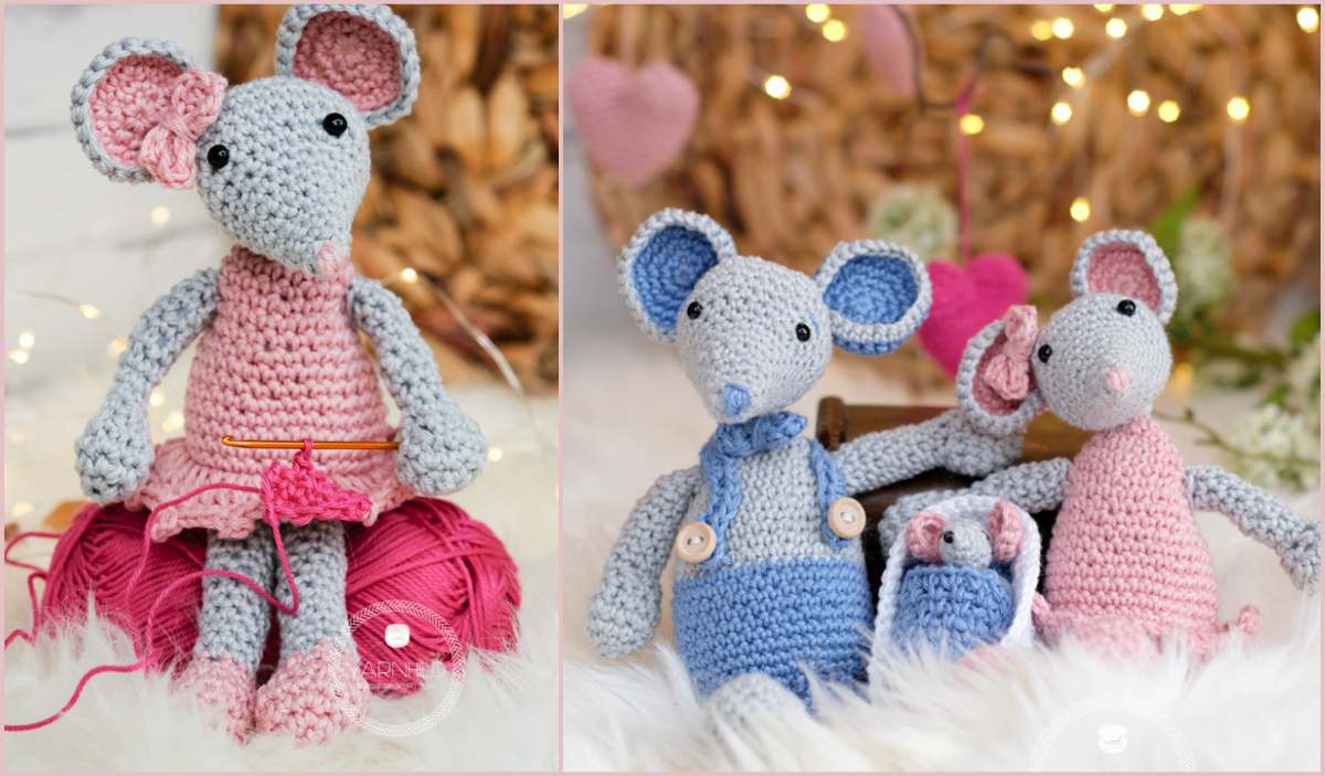 Crocheted mice don pink and blue outfits, posed with yarn balls and a crocheted baby mouse, embodying the Mommy Mouse amigurumi style. Cozy setting with warm lights and heart decorations adds charm to this crochet pattern scene.