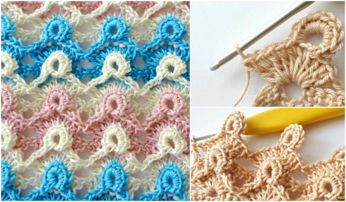 Close-up of a crochet pattern featuring interlocking loops in blue, cream, and pink, reminiscent of an Ocean Waves Stitch. Two smaller images highlight the crochet hook in action with beige yarn. Perfect for those seeking a free crochet pattern to explore new textures and designs.