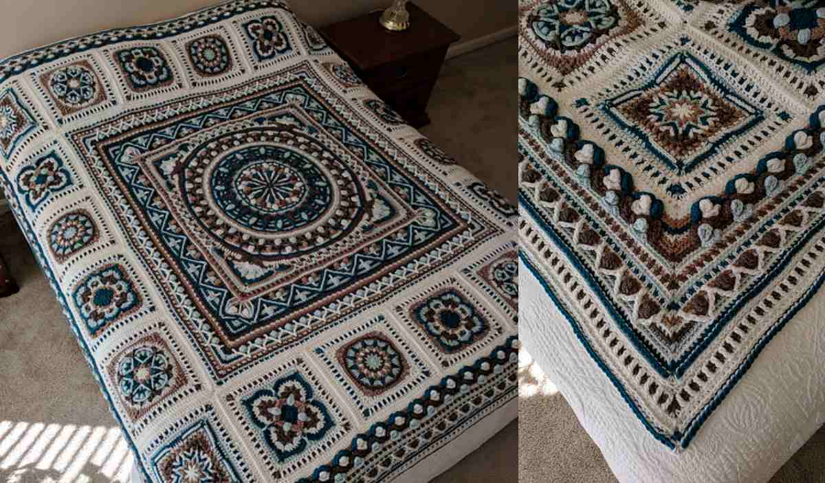 The intricately patterned crochet winter blanket, inspired by Lilla Bjorn, features geometric designs in blue, brown, and white. Draped over a bed, a close-up reveals detailed stitching that Sophie Loves for its cozy elegance.