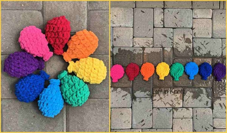 A vibrant array of crochet water balloons is artfully arranged in a circle on the left, while others line up neatly across the wet pavers on the right.