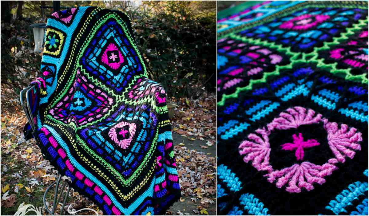 A colorful crocheted blanket with geometric patterns, a true whisper from the past, is draped over a chair outdoors. A close-up reveals intricate pink, green, blue, and black threadwork that echoes memories through its vibrant hues.