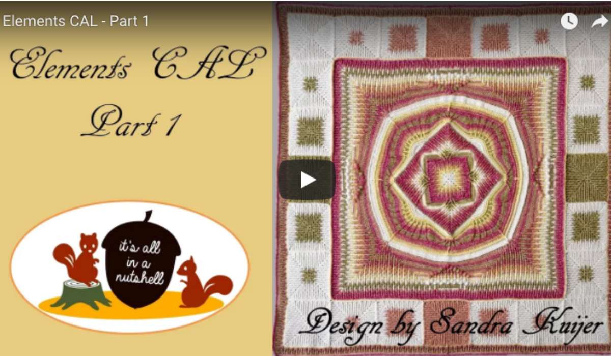 Discover the Elements CAL Part 1 crochet pattern by Sandra Kuijer, featuring a charming square design and a delightful logo with squirrels and "it's all in a nutshell." Enhance your project with our video tutorials to craft beautiful blankets seamlessly.