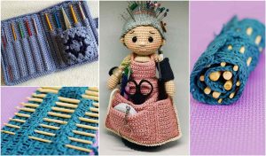 A crochet image features a charming Star Hook Case, a delightful crocheted doll accompanied by sewing tools, and a rolled-up Hook Organizer for effortless crafting.