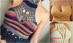 Collage of crochet halter tops: a colorful striped design on the left, a vibrant yellow crochet halter top on the top right, and white with a floral pattern on the bottom right.