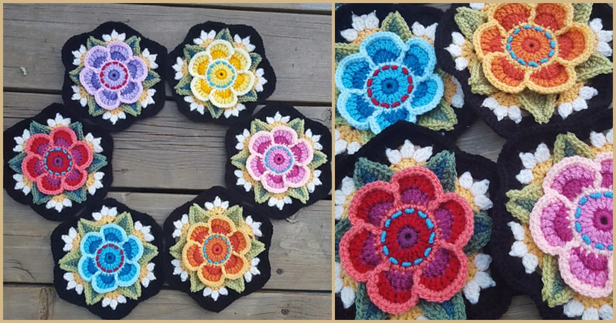 Frida's Flowers bring life to the crocheted floral patterns, their vibrant hues beautifully arranged on a wooden surface.