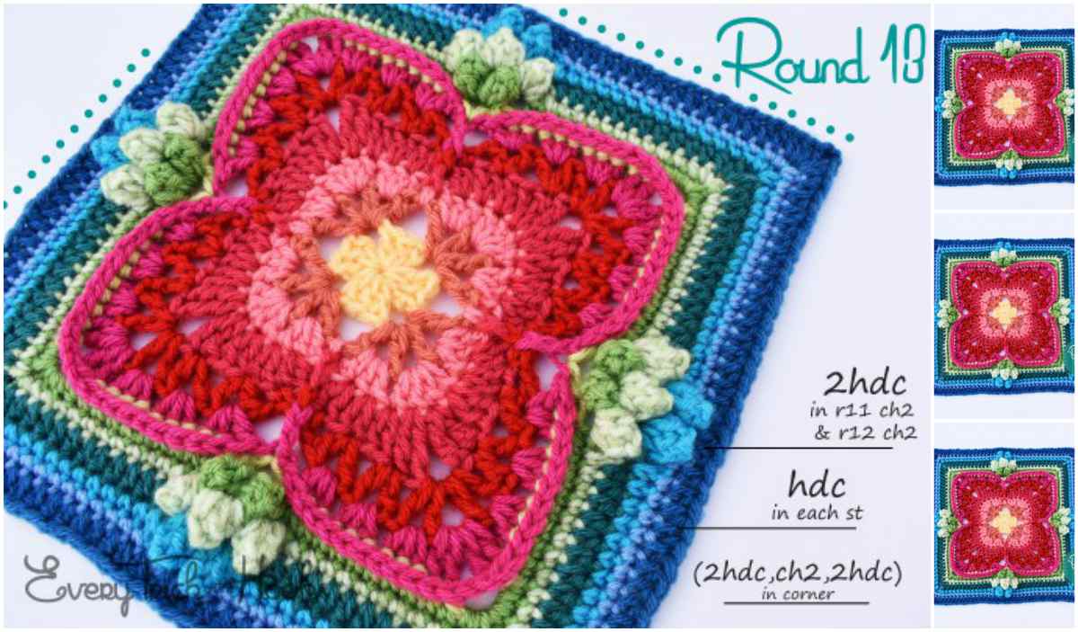 Introducing the elegant Maybellene Square! This vibrant crochet pattern features a colorful square adorned with a large central flower motif. Included are the detailed instructions for the 13th round along the side. Explore creativity with this free crochet pattern!