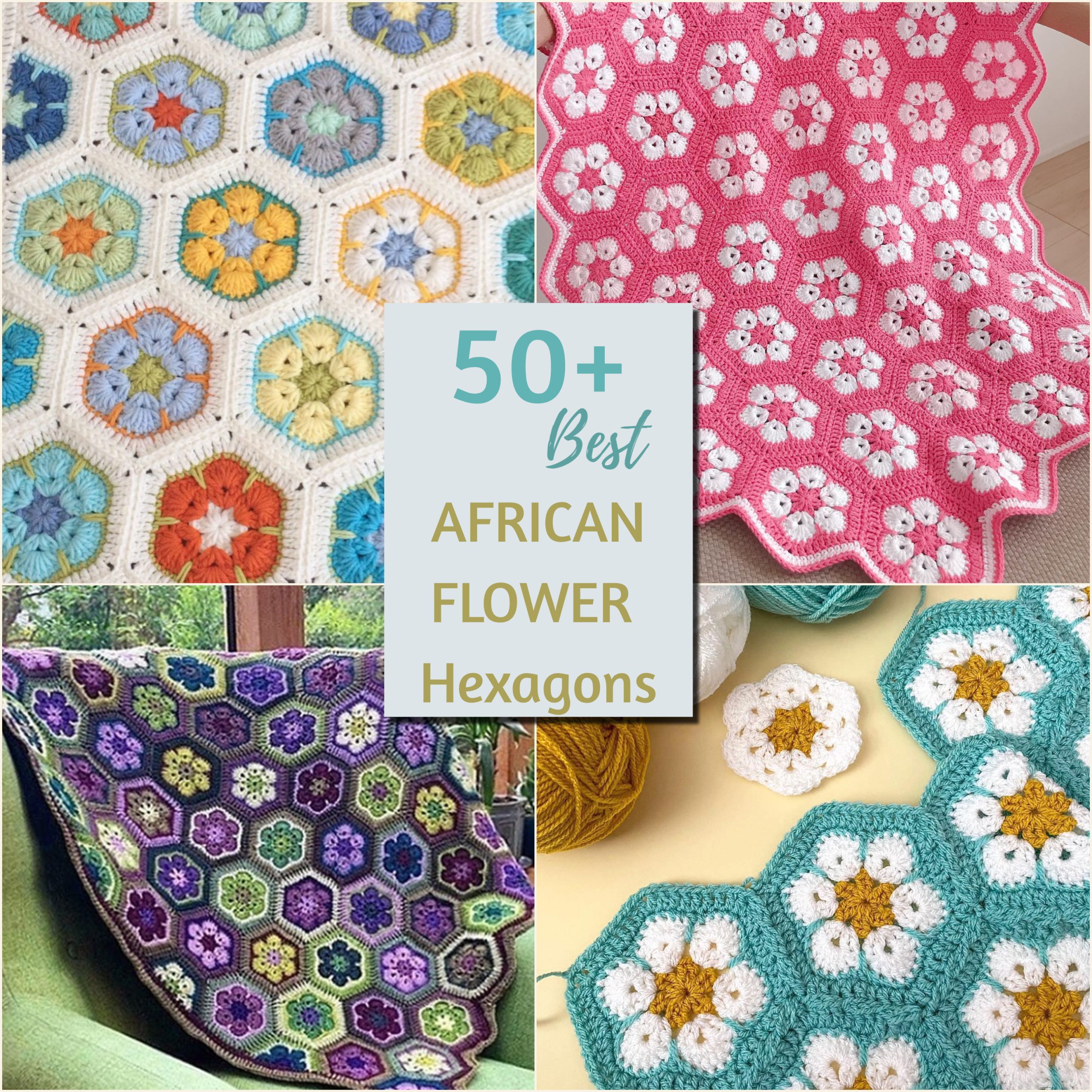 Collage of African Flower Hexagons crocheted in many different colors