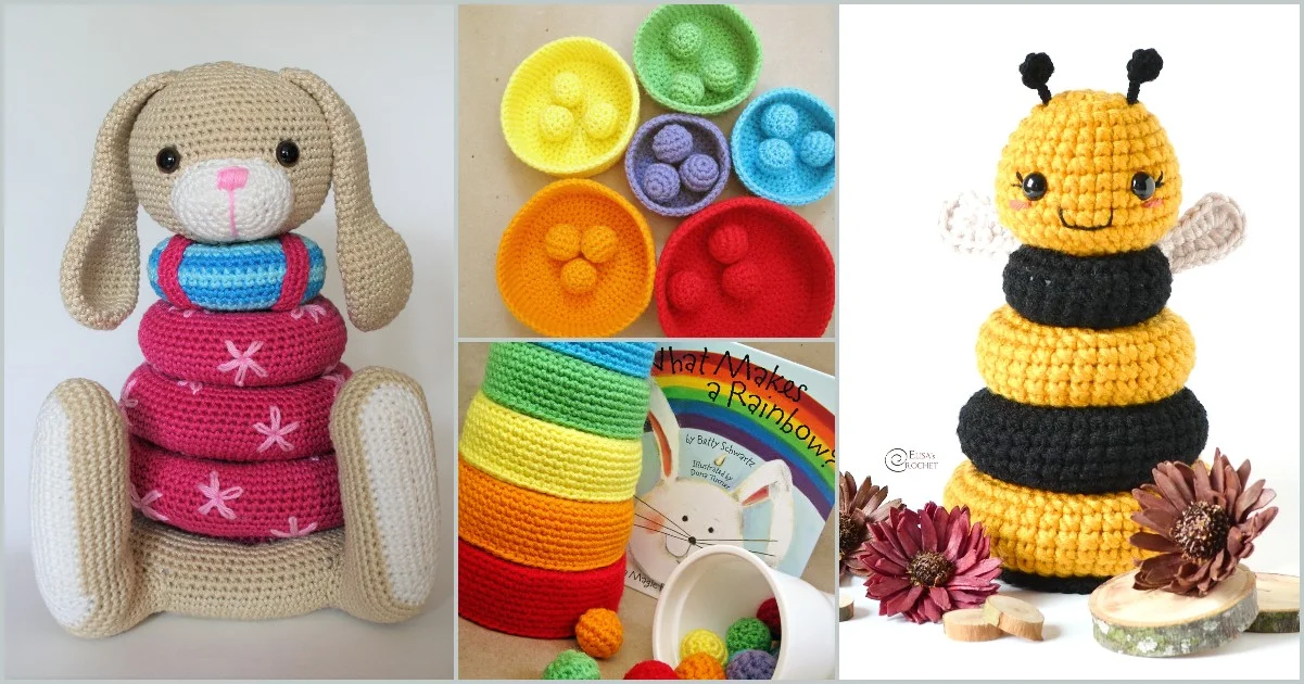 A delightful collage of stacking crochet toys: a bunny-shaped ring stacker, vibrant rainbow nesting bowls, enchanting rainbow rings paired with a rabbit book, and a charming bee-themed stacker adorned with flowers.