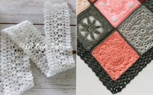On the left, a white scarf showcases delicate crochet lace patterns, while on the right, a pink, gray, and white blanket displays various intricate crocheted designs.