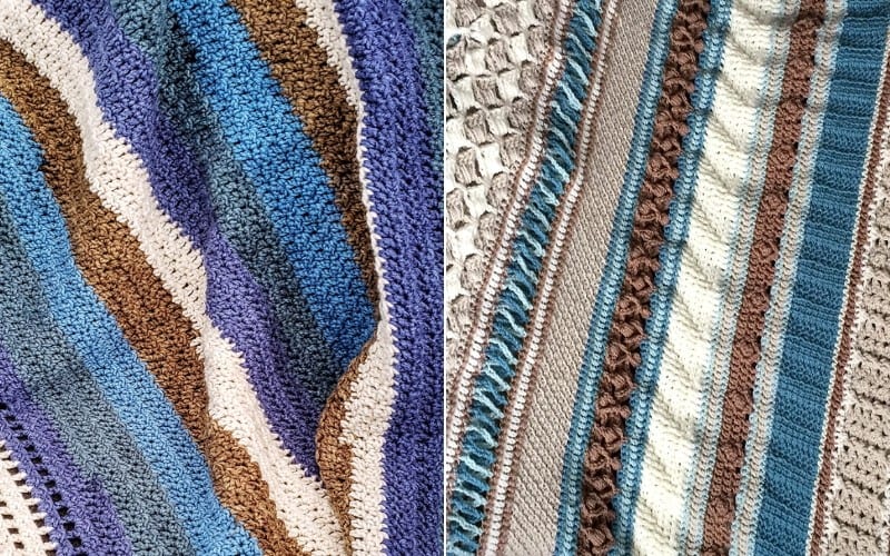 Close-up of two multicolored Double Trouble Blankets showcasing stripes and textured patterns in shades of blue, brown, and cream. Explore the intricate details with these beautiful crochet creations, perfect for those seeking free patterns to inspire their next project.