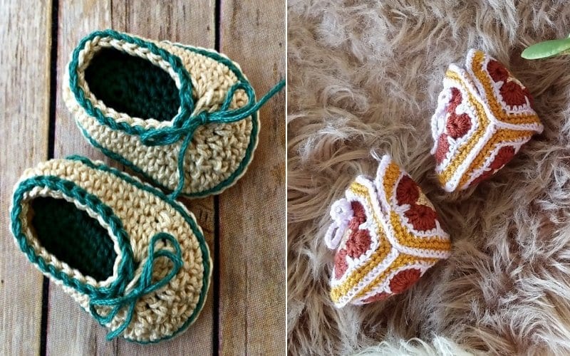 Two images feature crocheted baby booties: one pair is beige with green laces, while the other sports a vibrant red and yellow geometric pattern. Both rest elegantly on a wooden surface, showcasing easy designs that are perfect for experimenting with free patterns.