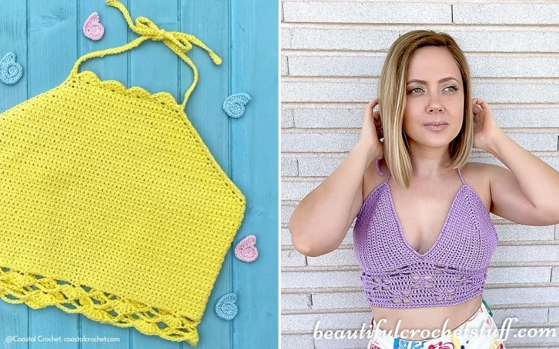 Two images side by side: on the left, a vibrant yellow crochet halter top, and on the right, a person confidently wearing a purple crochet halter top against a rustic brick wall.