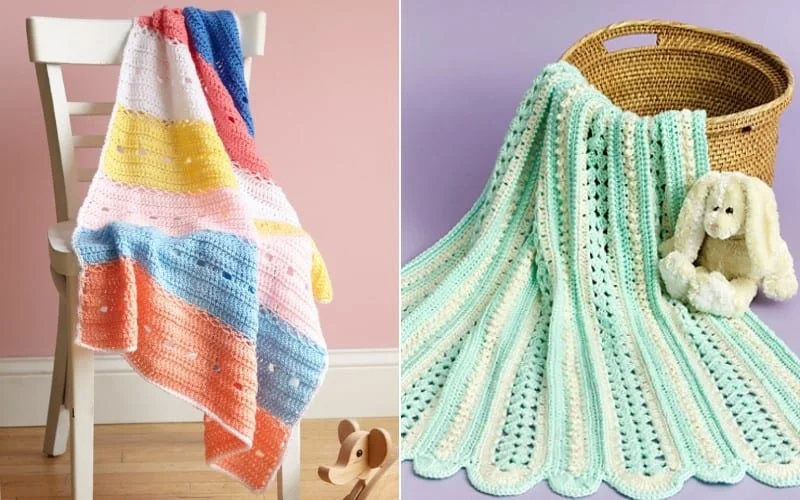 Two crochet baby blankets. Left: A multicolored striped blanket showcasing a mile-a-minute crochet pattern on a chair. Right: A pastel striped blanket with a stuffed bunny, draped over a wicker basket.