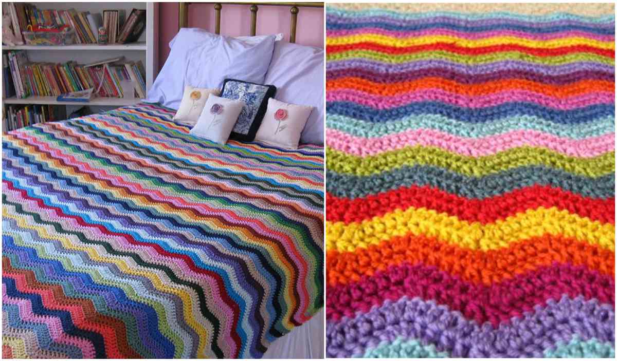 A bed showcases a neat ripple blanket with a colorful, wavy-patterned crochet design. Bookshelves stand in the background, while a close-up highlights the detailed stitches and vibrant colors.