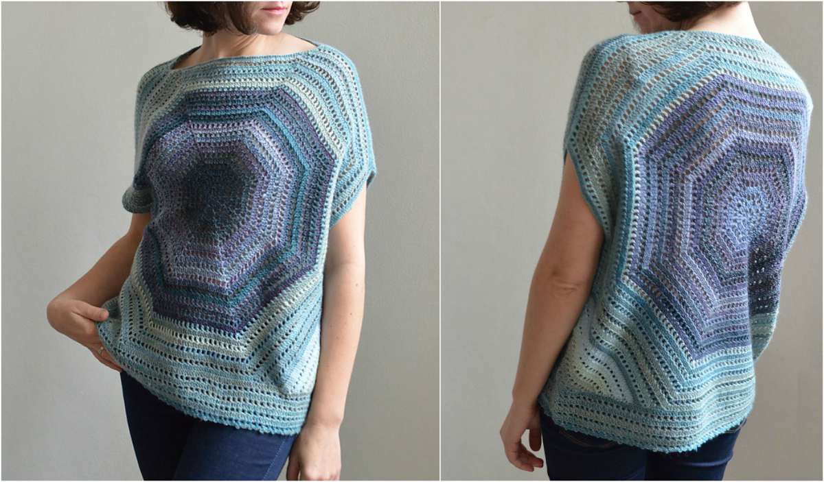 A person wearing a blue and purple crocheted shirt with a hexagonal pattern, reminiscent of the Lilla Bjorn Sweater. The image offers both front and side views, ideal for those inspired to create their own masterpiece using a free pattern or following a detailed video tutorial.