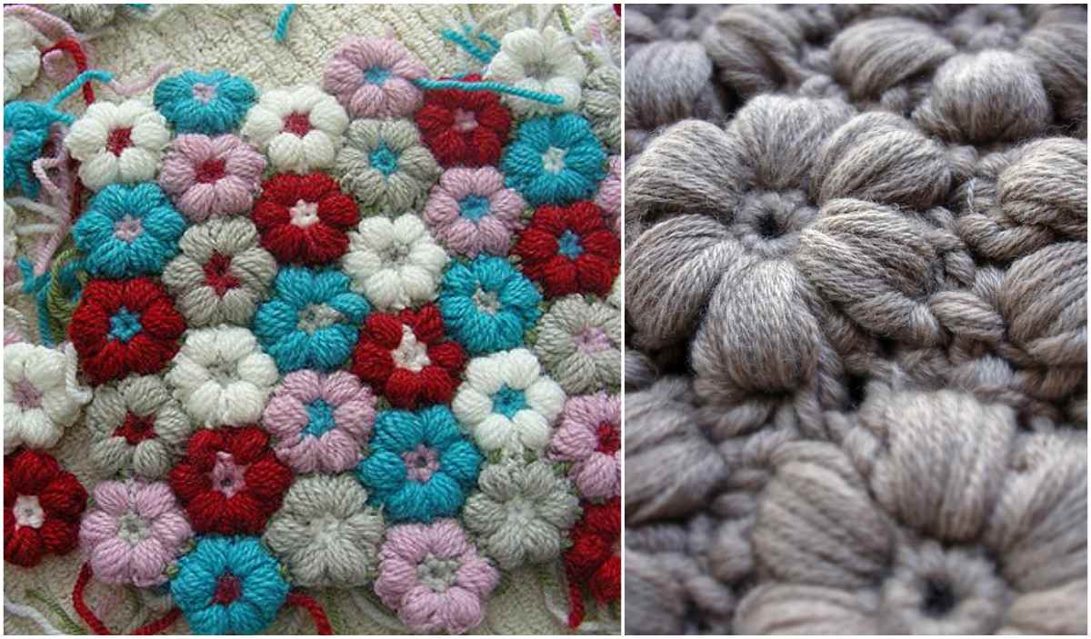 Crocheted flower motifs in various colors adorn the left, complementing the detailed gray texture on the right. Perfect for creating unique chair pads or decorative mats, you can find a free pattern to craft these delightful pieces yourself.