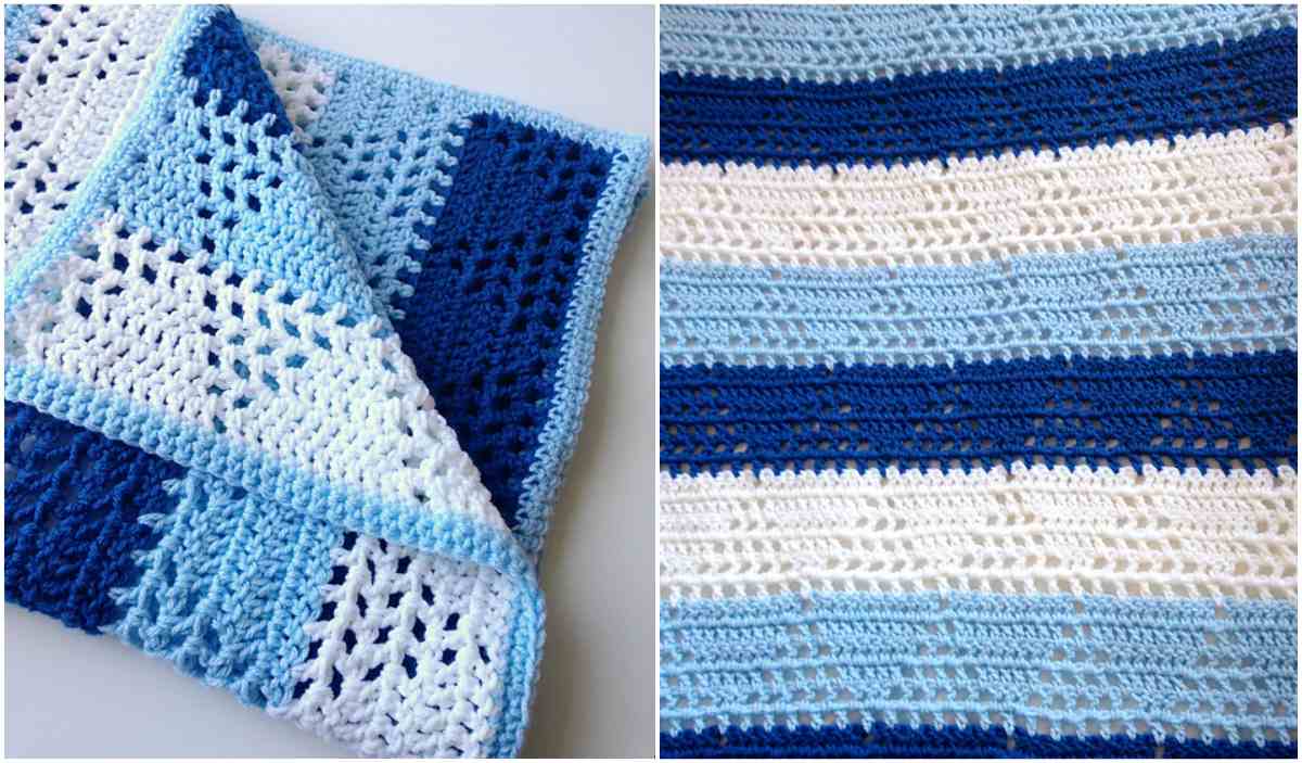 A crocheted baby blanket with horizontal stripes in shades of blue and white, featuring an open and lacy texture. This delightful design combines triangles and stripes for a charming touch.