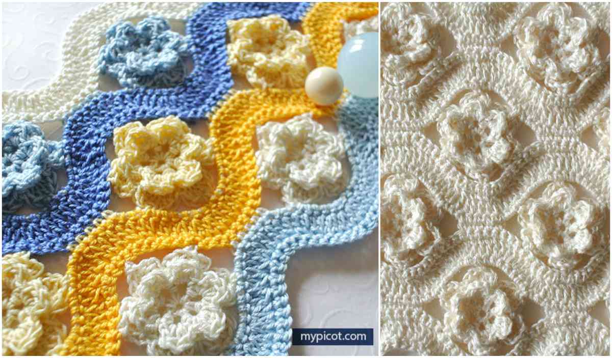 Explore two captivating crochet patterns: one featuring a vibrant Flower Wave Stitch in blue, yellow, and white floral waves, and another showcasing elegant white floral hexagons.