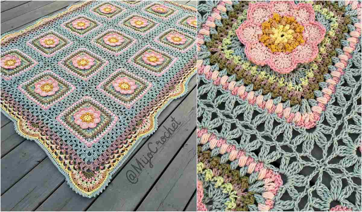 The crocheted blanket, a Song of the Forest, features floral patterns in pink, yellow, green, and beige squares. Displayed on a wooden surface, this throw pattern reveals an intricate stitch detail in close-up view.