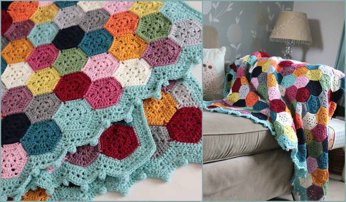 The Weekender Blanket, a crocheted hexagon masterpiece with multicolored patches and a teal border, is elegantly draped over the sofa.