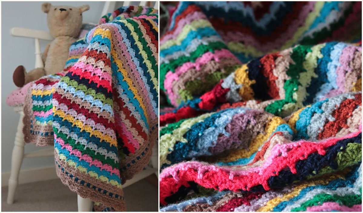 A colorful Spice of Life Blanket with various stripes draped over a chair, accompanied by a teddy bear. A close-up view reveals intricate stitch patterns and vibrant colors, offering inspiration for those seeking a free pattern.