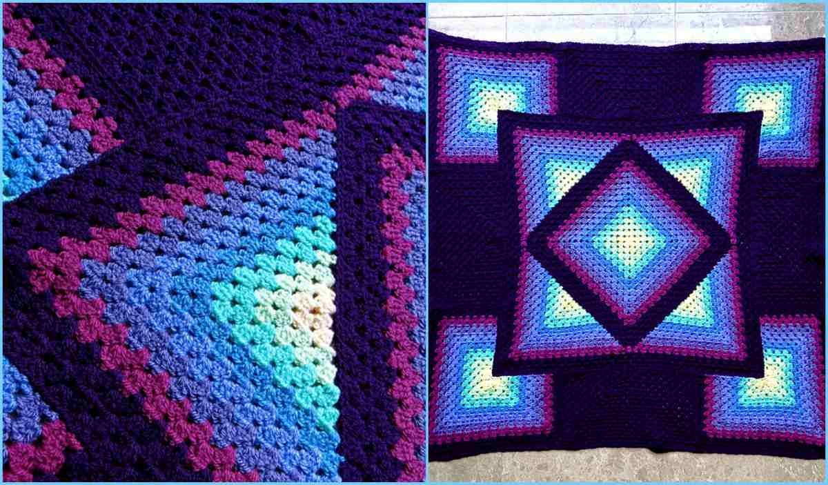 Crocheted afghan with a geometric pattern in shades of blue, purple, and teal, reminiscent of an Ocean Glow. Close-up on left, full view on right.