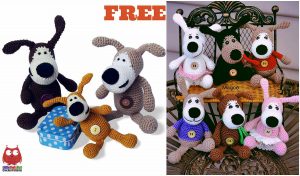 A collection of crocheted dog toys, including the charming Buffy Dog Amigurumi, sits in various colors with large buttons. Nearby, a small blue box with white polka dots holds free patterns for crafting your own delightful creations.