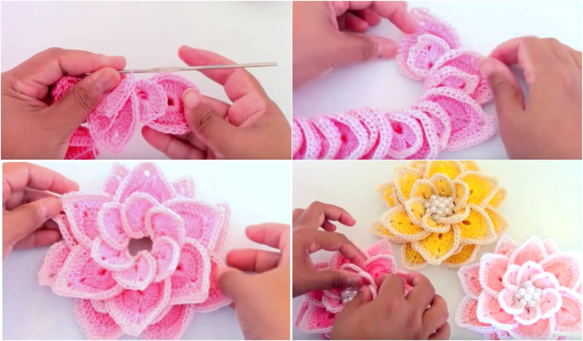 Hands are skillfully crocheting pink and yellow floral patterns, bringing a 3D flower to life with a crochet hook against a white background. For those eager to learn, a detailed video tutorial complements this vibrant craft.