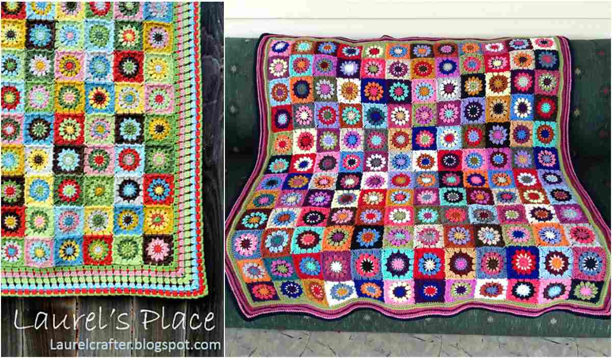 A colorful crocheted blanket, known as the Lily Pond Blanket, is elegantly displayed on a chair, featuring a pattern of multicolored squares with floral designs. The image includes text: "Laurel's Place" and a blog URL offering a free pattern.