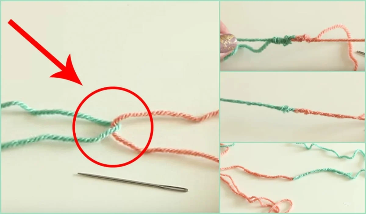 Explore the ultimate tutorial for joining yarns as you master this step-by-step guide to tying a knot with two yarns, one teal and one coral, using a tapestry needle placed on the table.