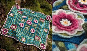The Lily Pond Blanket is a colorful crochet masterpiece with floral patterns on a mossy ground. A close-up reveals intricate pink and white flowers, reminiscent of a serene pond scene.