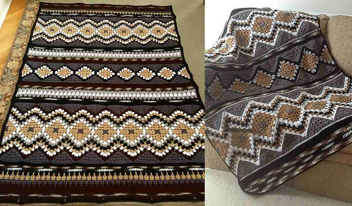 Two crochet blankets, including the Lily Pond Blanket, with intricate geometric patterns in shades of brown, cream, and white are displayed on a bed and draped over a sofa.