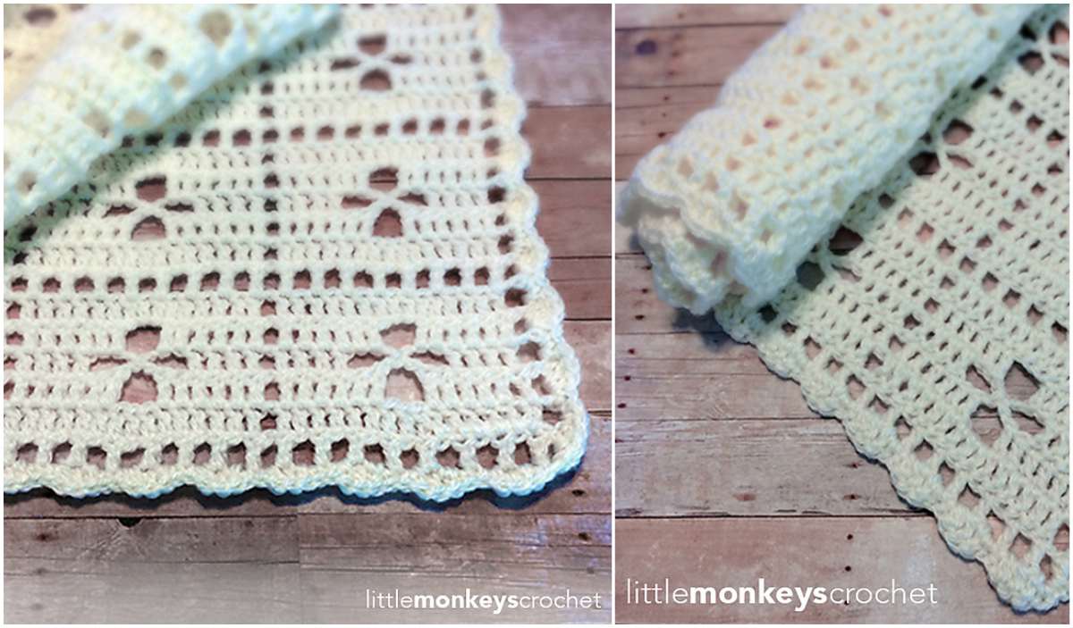 Crocheted baby blanket with scalloped edges and triangle pattern, shown flat and partially rolled on a wooden surface. This beautiful midwife blanket comes with a free crochet pattern for crafting your own cherished piece.