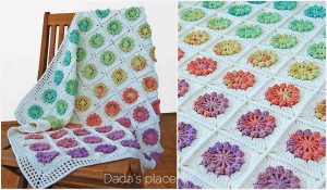 The Whisper of Joy Blanket features colorful circular patterns on a white background, draped over a wooden chair. A close-up view reveals intricate flower-like designs in various hues, perfect for those seeking inspiration from free crochet patterns.