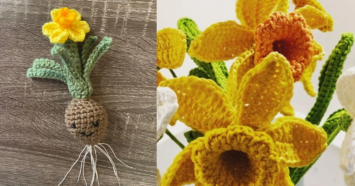 Explore intricate crochet daffodils patterns with a design featuring a single daffodil complete with bulb and roots on the left, and an exquisite bouquet of yellow and orange flowers on the right.