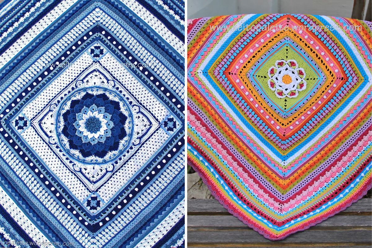 two cool-toned crochet square blankets