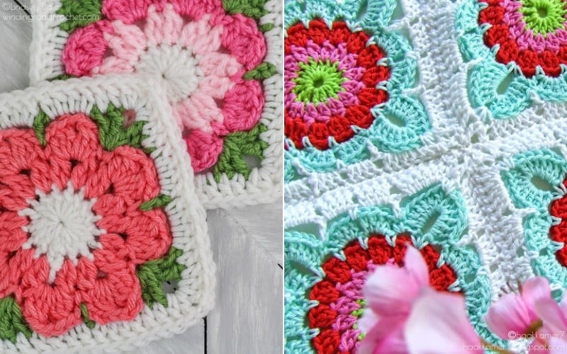 Close-up of vibrant crocheted floral patterns, showcasing the essence of Spring with pink, green, and white yarn. The left displays a single Flower Granny Square, while the right reveals four squares merging into a larger design.