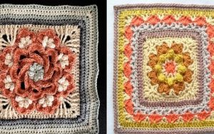 Discover two exquisite crochet granny squares, perfect for flowery afghan squares, showcasing intricate patterns in vibrant shades of orange, beige, and yellow. One square beautifully captures a floral motif while the other displays striking geometric shapes.