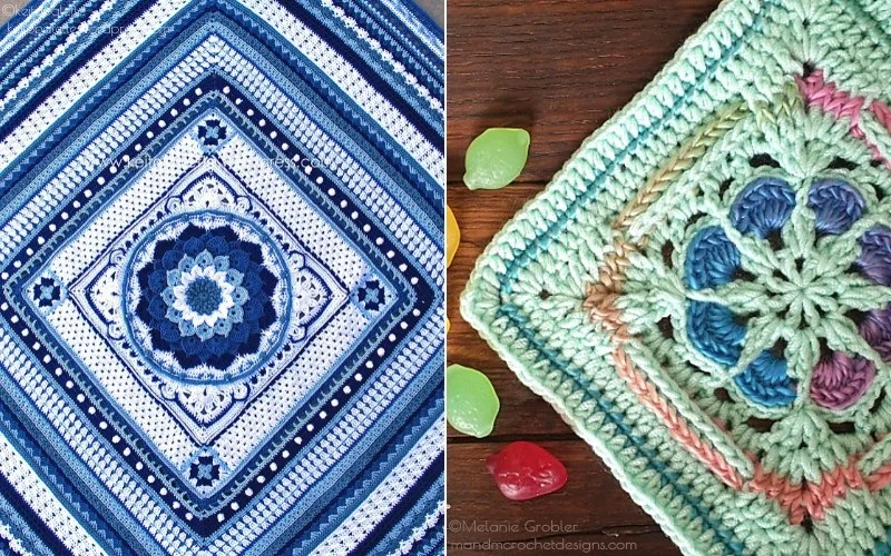 Discover two cool-toned square crochet patterns: one blue and white featuring a central floral motif, the other green with colorful accents, all displayed alongside scattered candy pieces on a wooden surface. Explore these free crochet patterns to add vibrant charm to your creations!