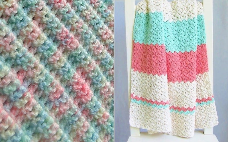 Discover this easy crocheted baby blanket with a textured stitch pattern in pastel colors: light pink, mint green, and white stripes. Perfect for nurseries and ideal for beginners looking to create treasured keepsakes.