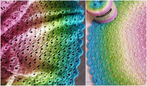 A crocheted baby blanket with a delicate lace pattern and gradient colors of pink, green, and blue, reminiscent of a blooming lotus flower. It comes with a yarn roll in matching hues.