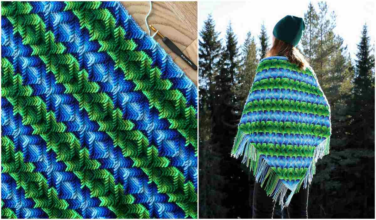 Close-up of a crocheted pattern in blue and green on the left; a person wearing a matching Nomad by Fate triangle wrap shawl in a forest setting on the right.