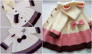 Three adorable crocheted baby jackets in white, pink, and brown, each with hoods and decorative bows. These charming pieces are a lovely alternative to a crochet coat for your little one.