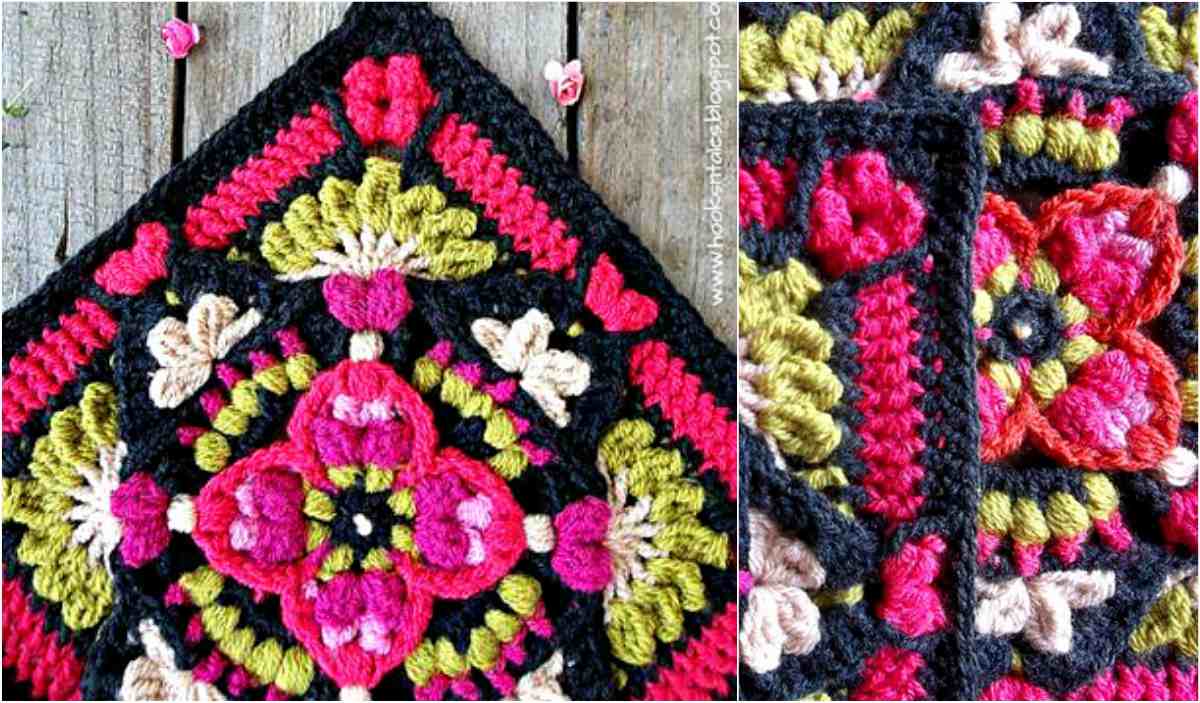 Crochet squares with vibrant floral patterns in pink, yellow, and cream on a black background, reminiscent of African artistry, displayed on a wooden surface.