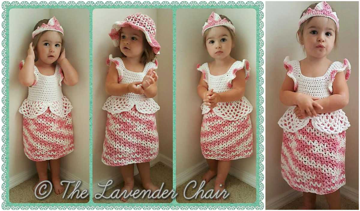 A young girl in a pink and white crocheted, princess dress poses in four different stances. A watermark reads "The Lavender Chair" highlighting this enchanting creation from Valerie’s collection.