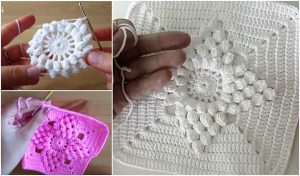 Two crochet squares are shown: one white with a star pattern, and one pink flower square showcasing floral designs. A hand holds a crochet hook and yarn, ready to teach the popcorn stitch through an engaging video tutorial.