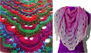Discover two captivating crochet patterns: a colorful design featuring concentric scallops and the elegant Virus Shawl pattern in pink and white lace, gracefully draped over a mannequin. Dive into creativity with these inspiring free patterns.