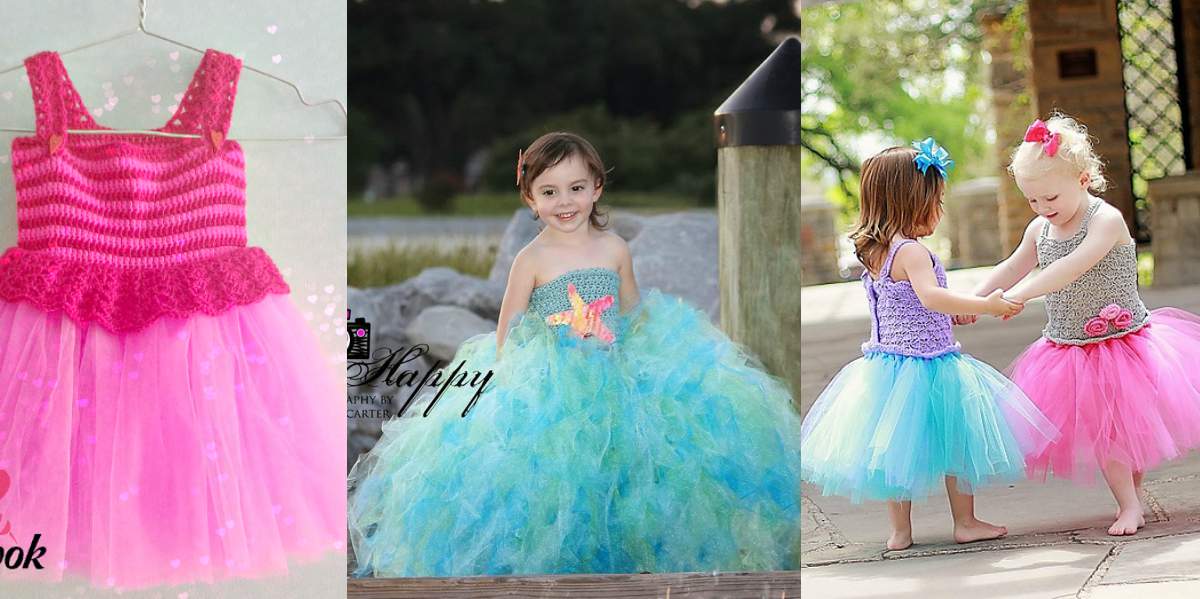 Three young children wearing colorful, fluffy princess tutu dresses. The first in pink, the second in blue, and the last two in pink and blue dresses play together, offering delightful dress ideas for any occasion.