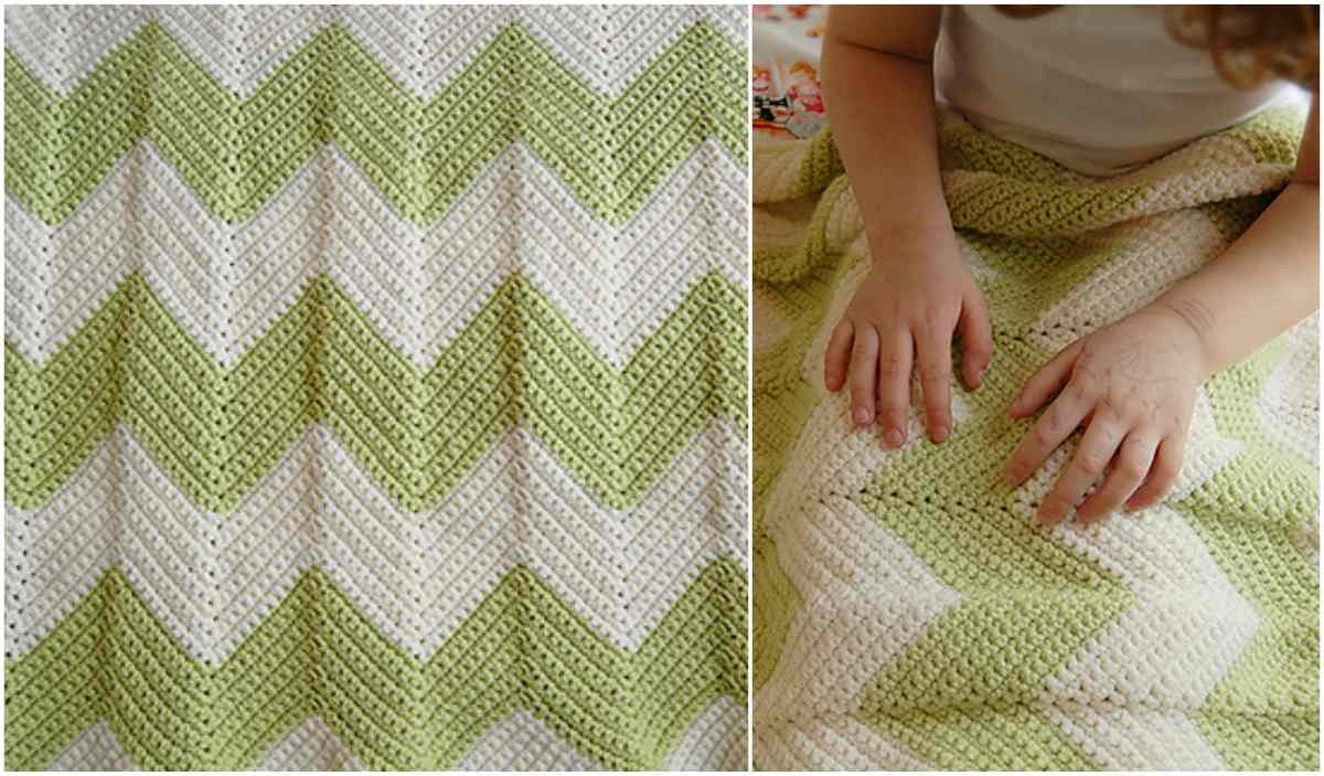 A child's hands gently rest on a green and white chevron baby blanket, crafted with care. The charming design could easily be replicated using a free pattern for those who appreciate the art of crochet.