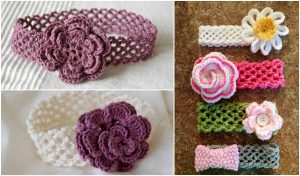 Genius Headbands with flower designs are displayed on a surface, featuring various colors like purple and white.